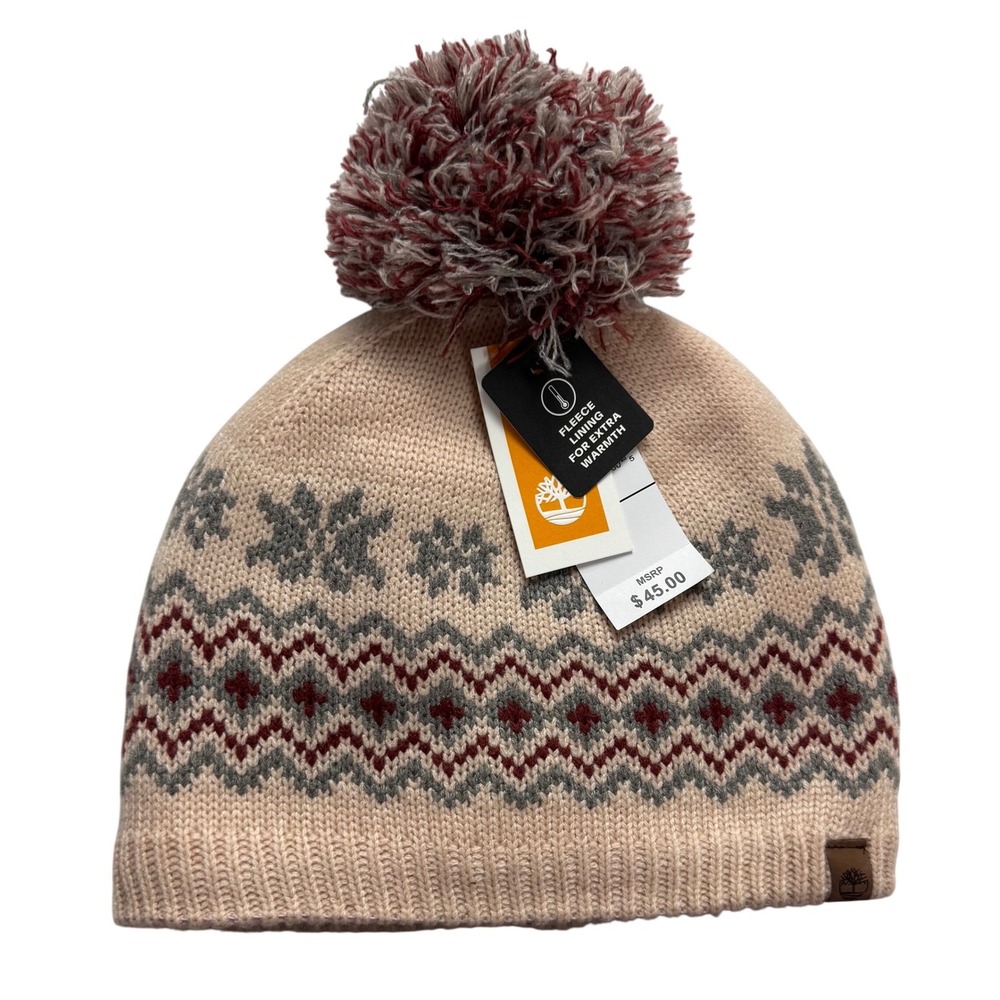 Timberland Fair Isle Fleece‎ Lined Beanie Pom Pom Winter Hat Beige Burgundy OS